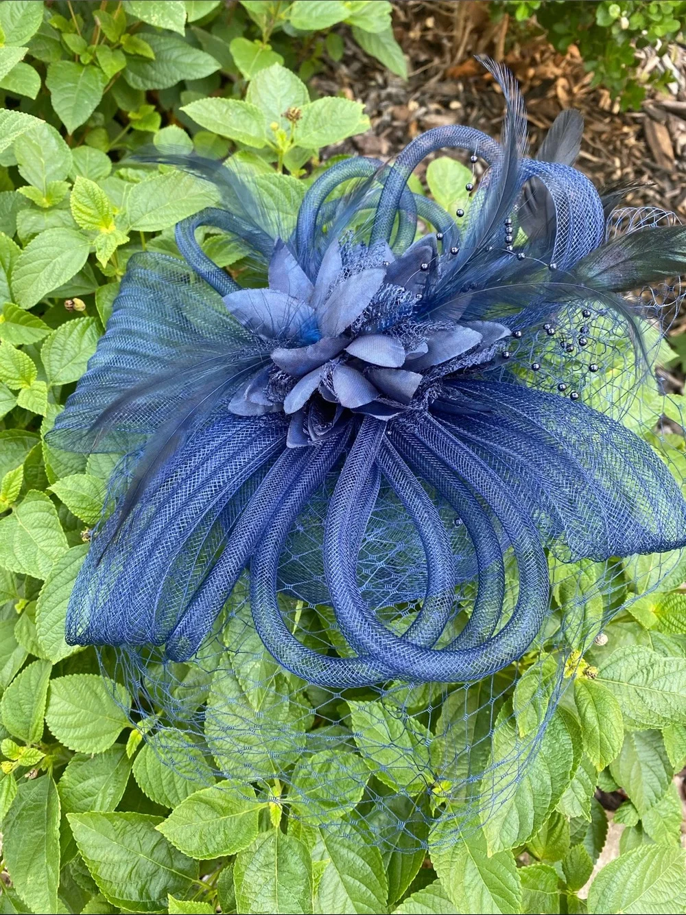 Navy Fascinator Headpiece with Feathers,Net Ribbons, Petals, Beads,Veil Clip On